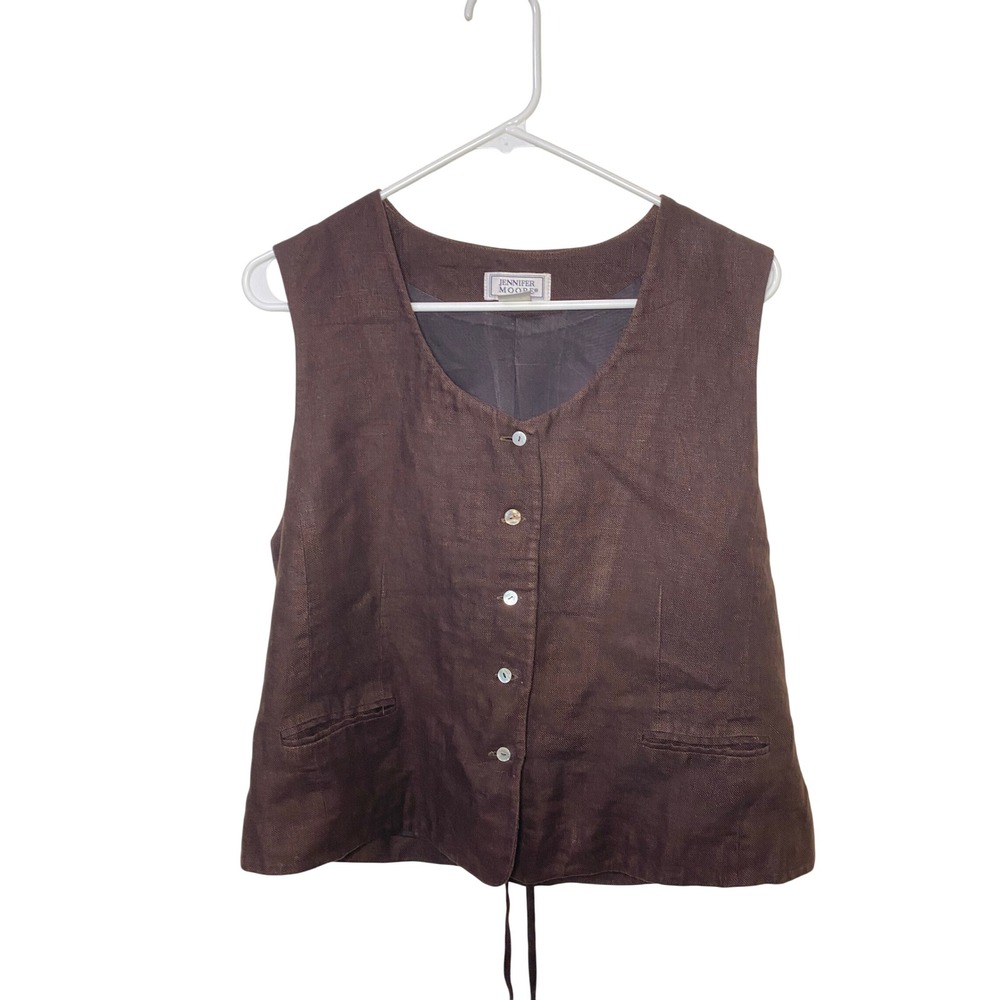 Vintage Jennifer Moore Brown 100% Linen Button Front Cinch Back Vest Size 16 XL